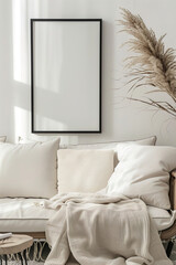 Minimal, frame and blank poster with mockup space for picture, design or photo in a home.