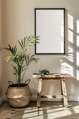 Minimal, frame and blank poster with mockup space for picture, design or photo in a home.