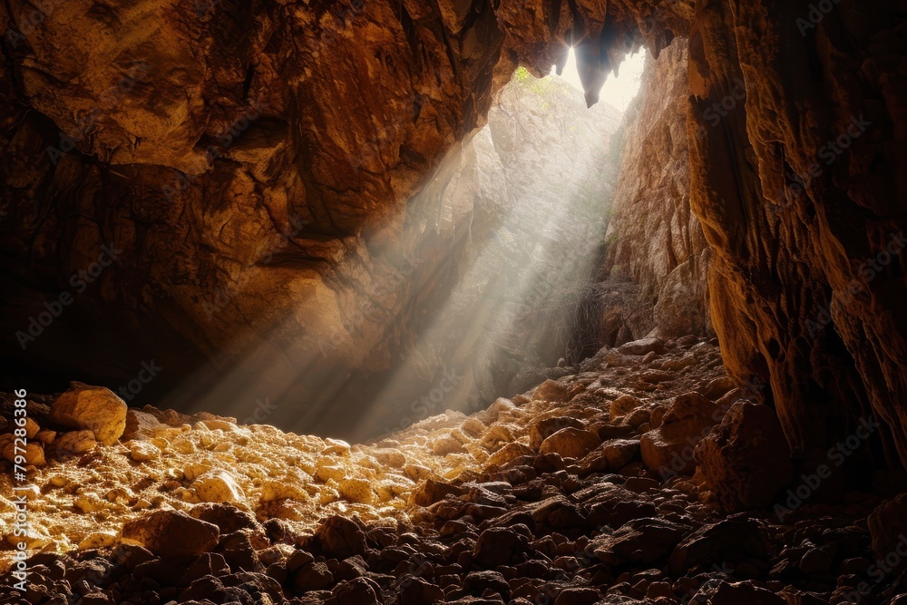 Poster sunlight streaming through a cave opening