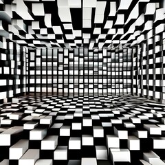 A three-dimensional grid of cubes rotating and shifting, creating an optical illusion of depth and movement, challenging the viewer's perception of space and reality2