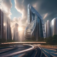 A futuristic cityscape with buildings and structures bending and twisting in a surreal and futuristic manner, as if alive with motion, inspiring imagination and creativity1