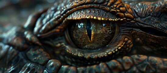 Close-up view showcasing the detailed and captivating eyes of a crocodile and a lizard in the same image, highlighting their unique features and textures