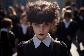 Intense young woman with a piercing gaze in a crowd - obrazy, fototapety, plakaty