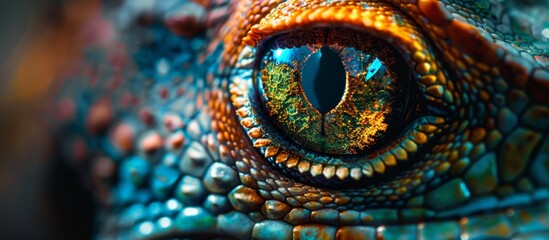 Macro shot focusing on the detailed eye of a lizard against a solid blue background, showcasing intricate textures and patterns