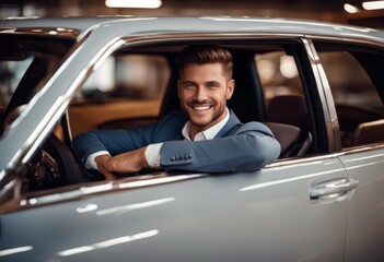 'looking good friendly car cheerful poses salesman showroom salon buying new happy dealership businessman man 30s young sale selling client key adult caucasian automobile male smiling'