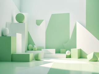 Flat illustration light green and white background  Interior design renderings of geometric shapes, interior decoration drawings of buildings, green background