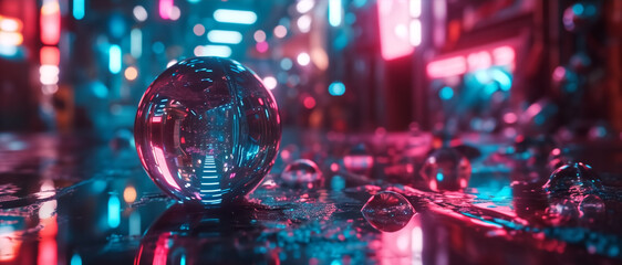 Fototapeta na wymiar Crystal ball on wet city street with neon lights reflection. Urban fantasy concept. Wide-angle shot with bokeh for design and print.