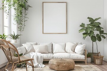 Frame mockup in bright living room design, white sofa in farmhouse boho interior style, 3d render