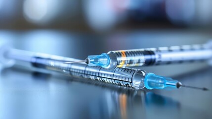 A glass syringe with a needle lies on a reflective surface. The syringe is mostly filled with a clear liquid. There is a small amount of liquid on the surface around the syringe.