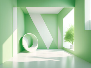 Flat illustration light green and white background  Interior design renderings of geometric shapes, interior decoration drawings of buildings, green background