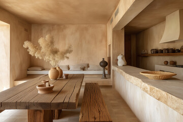 Rustic minimalist dining room in Tuscany villa with a long wooden table, earthy brown and cream palette, bathed in natural midday light