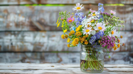 A whimsical arrangement of wildflowers in a rustic mason jar vase, adding a touch of countryside charm to any room. - obrazy, fototapety, plakaty