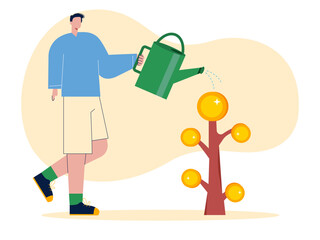 Man watering investment for growth. Crypto vector illustration