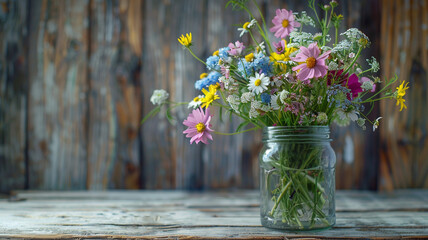 A whimsical arrangement of wildflowers in a rustic mason jar vase, adding a touch of countryside charm to any room.