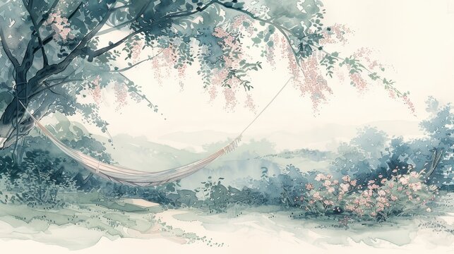 A watercolor painting of a hammock hanging from a tree in a forest. The hammock is empty. The sun is shining through the trees. The forest is full of flowers.
