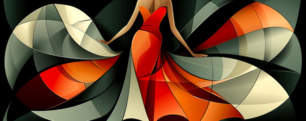 A woman in a red dress is depicted in a colorful, abstract painting