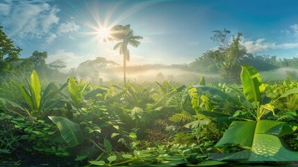a rifst plane of HDRI panorama of a sunny jungle, green, with exotic plants, juicy colors,  