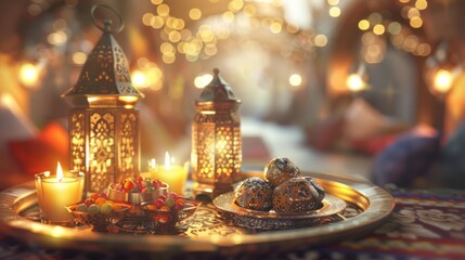 Fototapeta na wymiar Eid mubarak and ramadan kareem greetings with islamic lantern