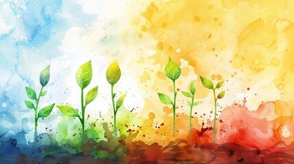 A watercolor painting of a rainbow of plants growing out of the ground.