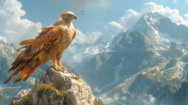 A mythical griffin perched atop a rocky cliff - Powered by Adobe