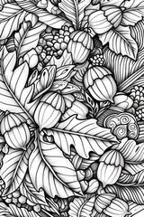 acorns and oak leaves in the style of ornate adult coloring book page, high contrast, mandalas, intricate line work, abstract patterns, fine black outlines, black and white 