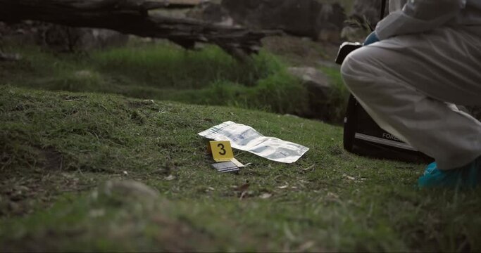 Forensic, photographer and evidence at crime scene for investigation in forest with wallet or safety hazmat..Csi photography, expert investigator and pictures for observation or case research outdoor