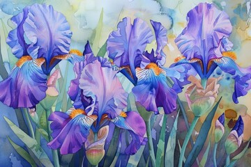 A watercolor painting of purple irises.