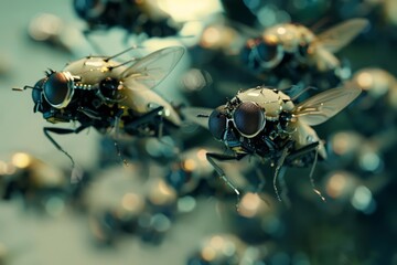 Fototapeta premium Mechanical flies with camera eyes swarm for surveillance, an epitome of a closeup strange style hitech ultrafashionable concept