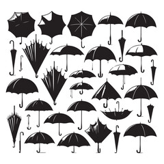 Black silhouette set of various umbrellas, vector illustration