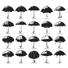 Fototapeta na wymiar Black silhouette set of various umbrellas, vector illustration