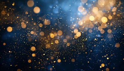 Abstract background with dark blue and gold particles, golden Christmas light particles shine bokeh on a dark blue background, gold foil texture concept.