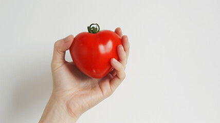 Hand holding a bright red tomato against a white background.