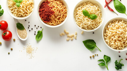 Variety of pasta in bowls with tomatoes and basil on a white table.