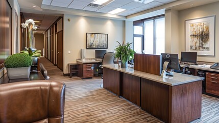A financial planning office with client portfolios on desks and a calm, trustworthy environment 
