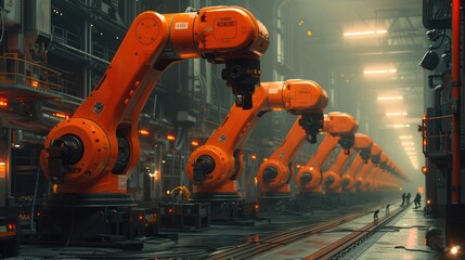 Fototapeta premium Group of Orange Robots Standing on Top of Train Track