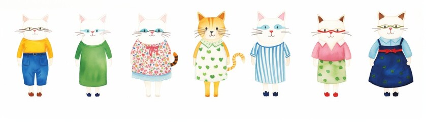 Watercolor painting seamless of cats are wearing different outfits, including a dress and a skirt. The cats are standing in a row, with some of them wearing glasses.