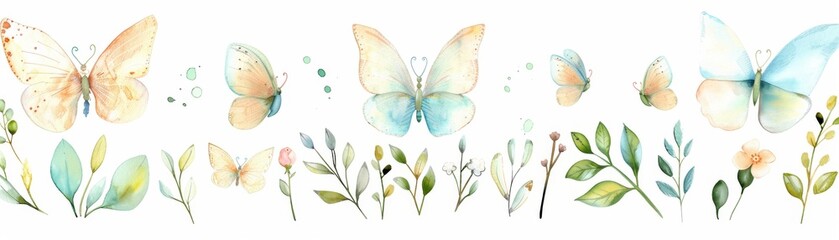 Watercolor painting of a line of butterflies with green leaves in the background. The butterflies are in various sizes and colors, with some being larger and others smaller