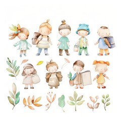 Fototapeta premium Watercolor painting of a group of children are standing in a line, some of them are carrying books. Concept of innocence and childhood.