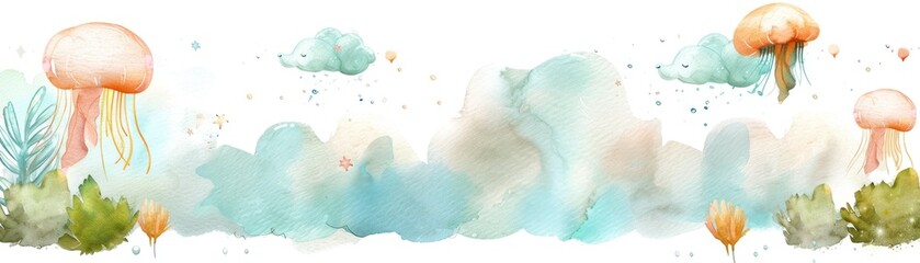 Watercolor painting of a beach scene with a jellyfish and clouds. The jellyfish are orange and the sky is blue