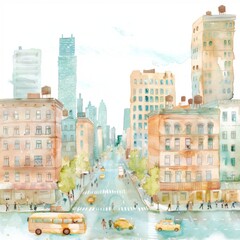 Watercolor painting of a city street with a bus, cars, and pedestrians. Scene is busy and bustling