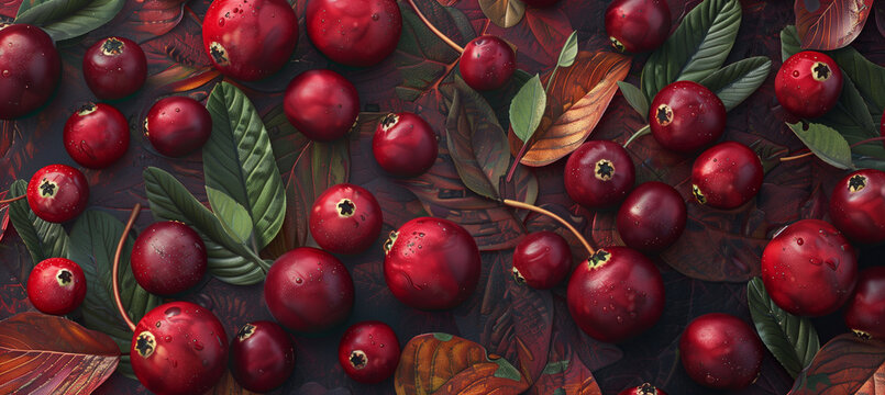 Ripe crimson cranberries with textured detail and scattered leaves