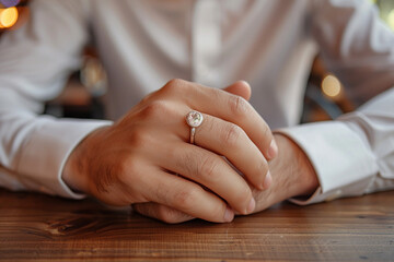 Man with engagement ring making proposal at table, closeup.  - Powered by Adobe