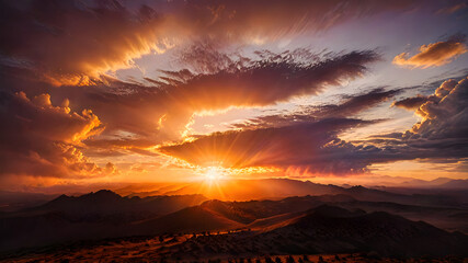 A fiery sunset over a desert landscape