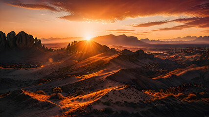 A fiery sunset over a desert landscape - obrazy, fototapety, plakaty