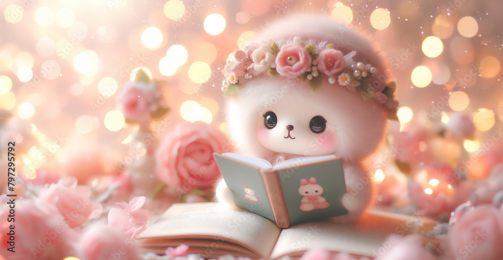 Wall mural Cute doll reading a book on bokeh background, copy space