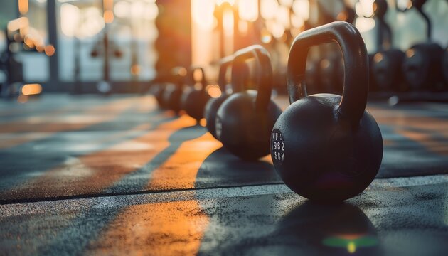 Closeup of kettlebells lined up in a gym, focus on equipment and fitness environment