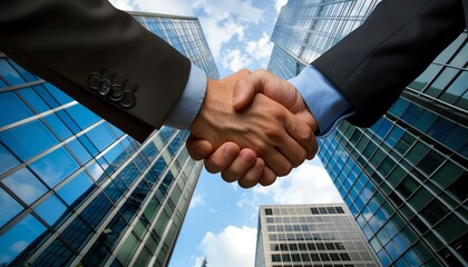 Business handshake in front of corporate building, symbolizing a successful deal, blue sky backdrop