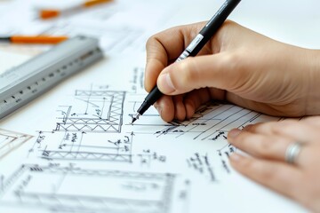 Architect drawing detailed plans on a light table, precision tools and architectural drawings visible