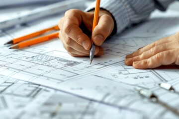Architect drawing detailed plans on a light table, precision tools and architectural drawings visible