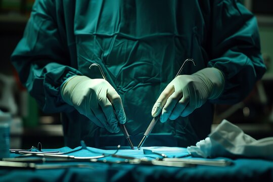 Surgeon preparing for an operation, sterile environment with surgical tools ready